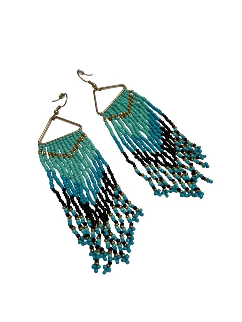 Beaded Dangle Chandelier Earrings Turquoise Black Gold Glass Beads Lightweight